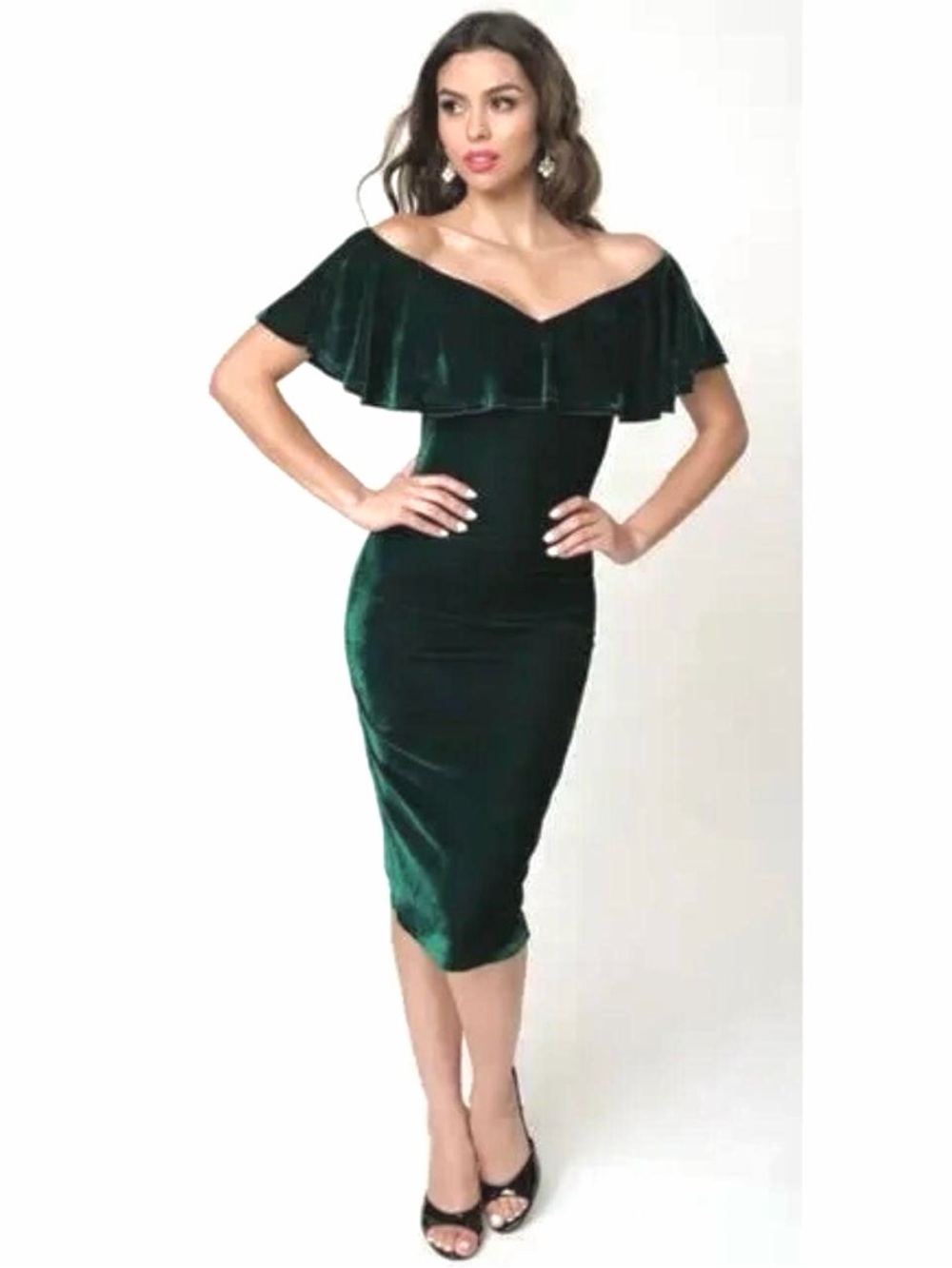 Unique Vintage Olive Velvet Sophia Wiggle Dress - L/10-12